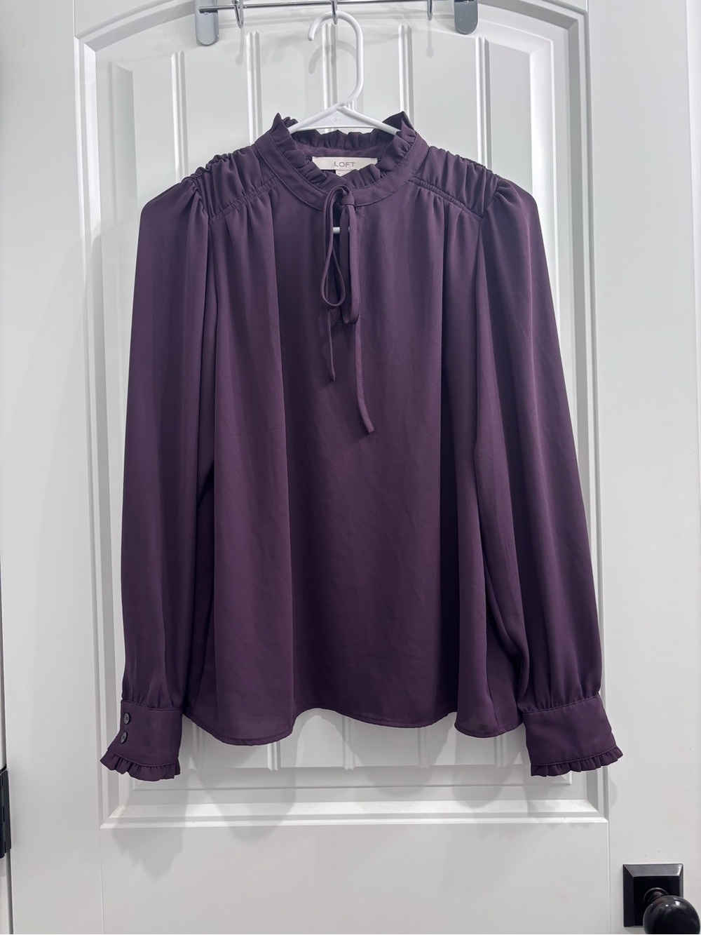 LOFT Plum Ruffle-Tie Long Sleeve Blouse